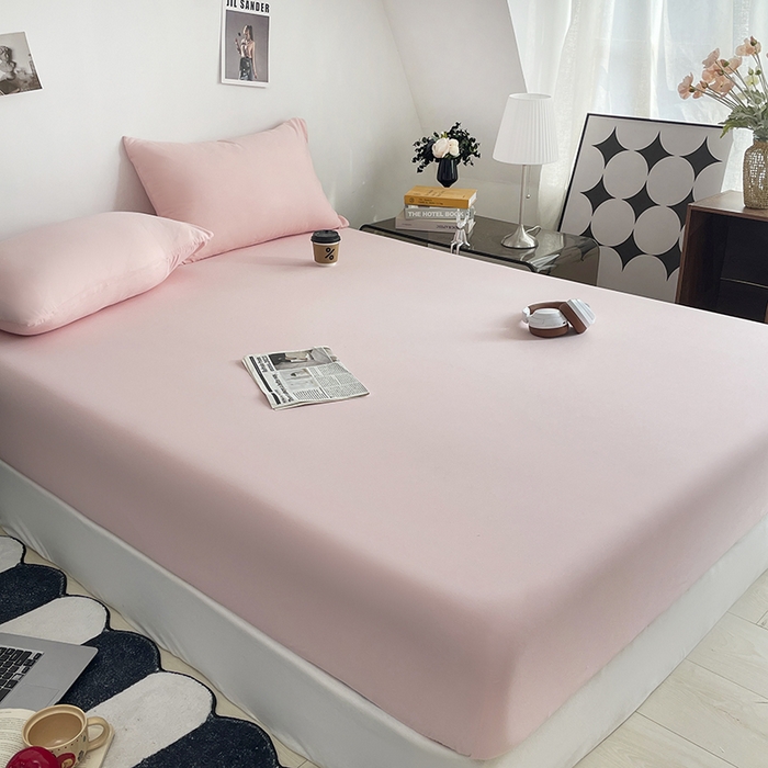 91家纺网 家纺一手货源 找家纺 北辰 2025新款简约素色云朵棉可水洗纯色床笠单件三件套 藕粉