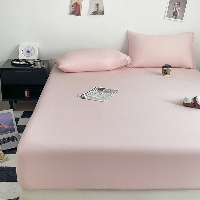 91家纺网 家纺一手货源 找家纺 北辰 2025新款简约素色云朵棉可水洗纯色床笠单件三件套 藕粉