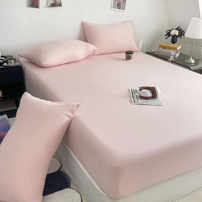 91家纺网 家纺一手货源 找家纺 北辰 2025新款简约素色云朵棉可水洗纯色床笠单件三件套 藕粉