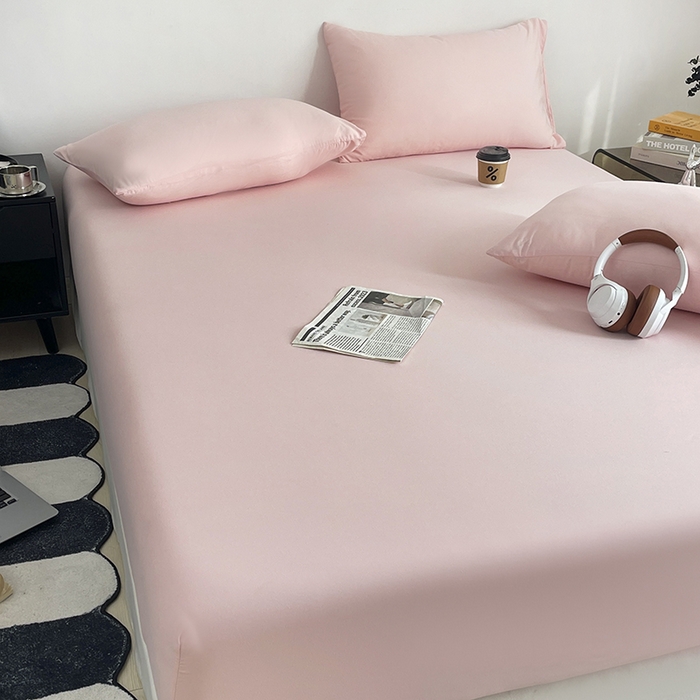 91家纺网 家纺一手货源 找家纺 北辰 2025新款简约素色云朵棉可水洗纯色床笠单件三件套 藕粉