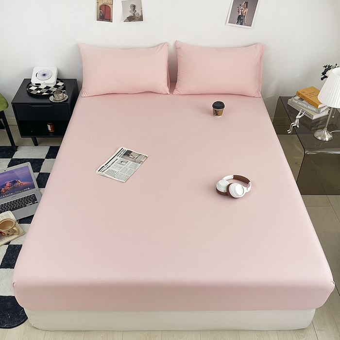 91家纺网 家纺一手货源 找家纺 北辰 2025新款简约素色云朵棉可水洗纯色床笠单件三件套 藕粉