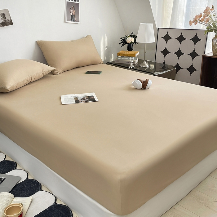 91家纺网 家纺一手货源 找家纺 北辰 2025新款简约素色云朵棉可水洗纯色床笠单件三件套 香槟色