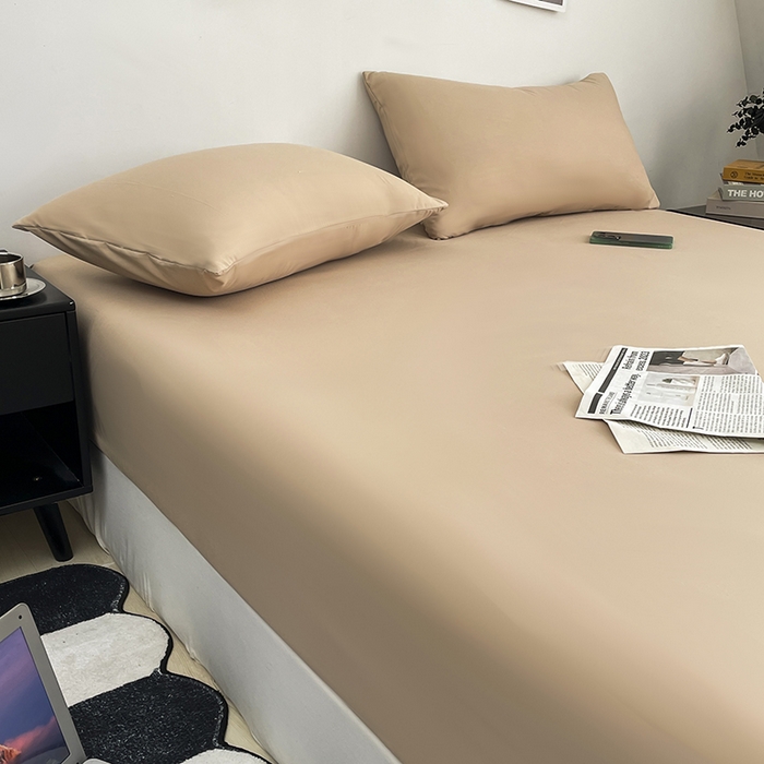 91家纺网 家纺一手货源 找家纺 北辰 2025新款简约素色云朵棉可水洗纯色床笠单件三件套 香槟色