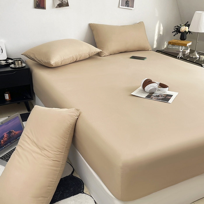 91家纺网 家纺一手货源 找家纺 北辰 2025新款简约素色云朵棉可水洗纯色床笠单件三件套 香槟色