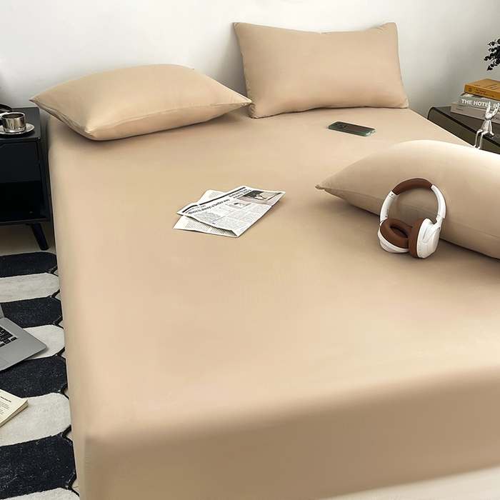 91家纺网 家纺一手货源 找家纺 北辰 2025新款简约素色云朵棉可水洗纯色床笠单件三件套 香槟色