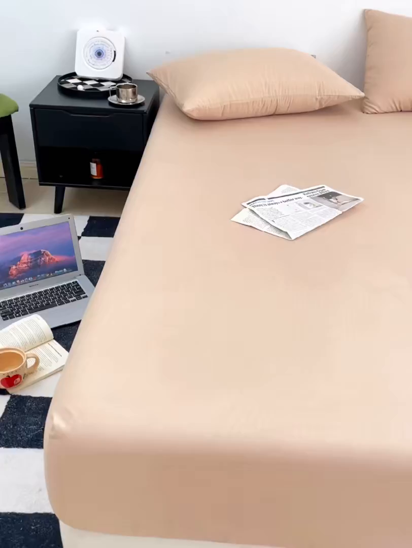 91家纺网 家纺一手货源 找家纺 北辰 2025新款简约素色云朵棉可水洗纯色床笠单件三件套 香槟色