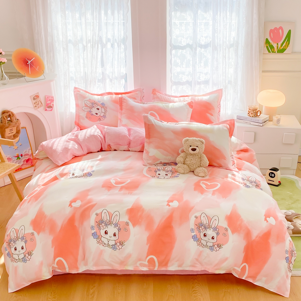 91家纺网 家纺一手货源 找家纺 简冠家纺 2023直播爆款北欧风亲肤植物羊绒磨毛四件套 欢乐兔