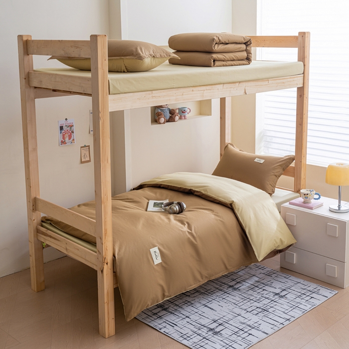 91家纺网 家纺一手货源 找家纺 鑫宇2025新款13372全棉学生宿舍上下铺三件套床单款床笠款可定制 摩卡棕+卡其