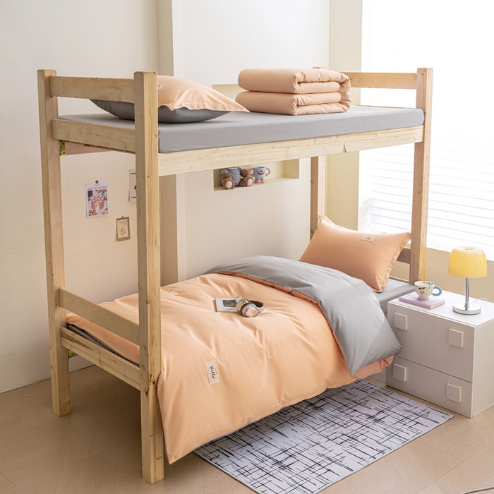 91家纺网 家纺一手货源 找家纺 鑫宇家纺 2025新款13372全棉纯色双拼学生宿舍三件套六件套 奶玉+浅灰