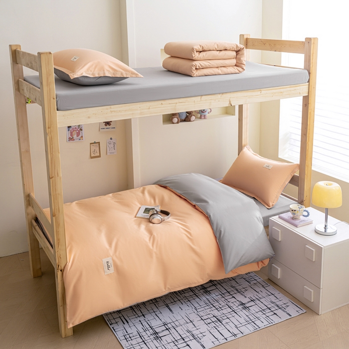 鑫宇家纺 2025新款13372全棉纯色双拼学生宿舍三件套六件套 奶玉+浅灰