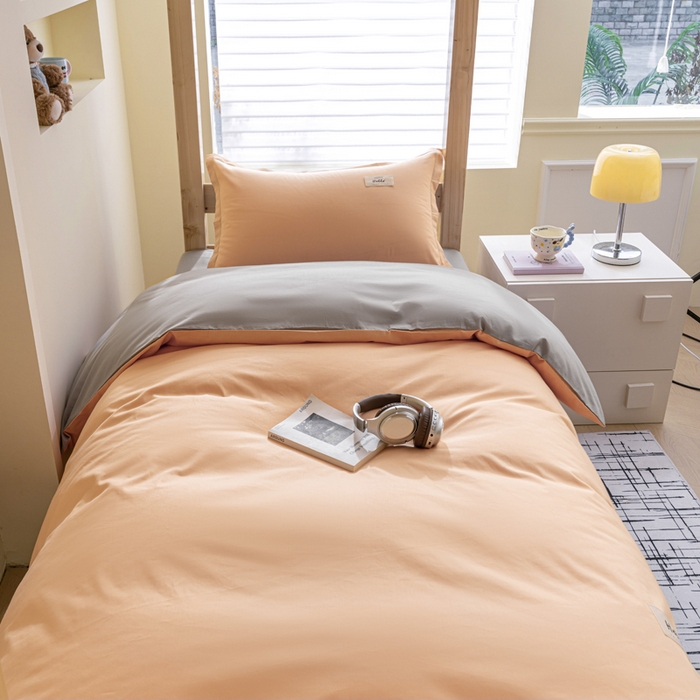 91家纺网 家纺一手货源 找家纺 鑫宇家纺 2025新款13372全棉纯色双拼学生宿舍三件套六件套 奶玉+浅灰