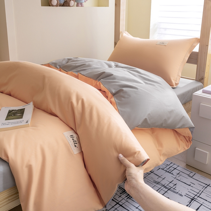 91家纺网 家纺一手货源 找家纺 鑫宇家纺 2025新款13372全棉纯色双拼学生宿舍三件套六件套 奶玉+浅灰