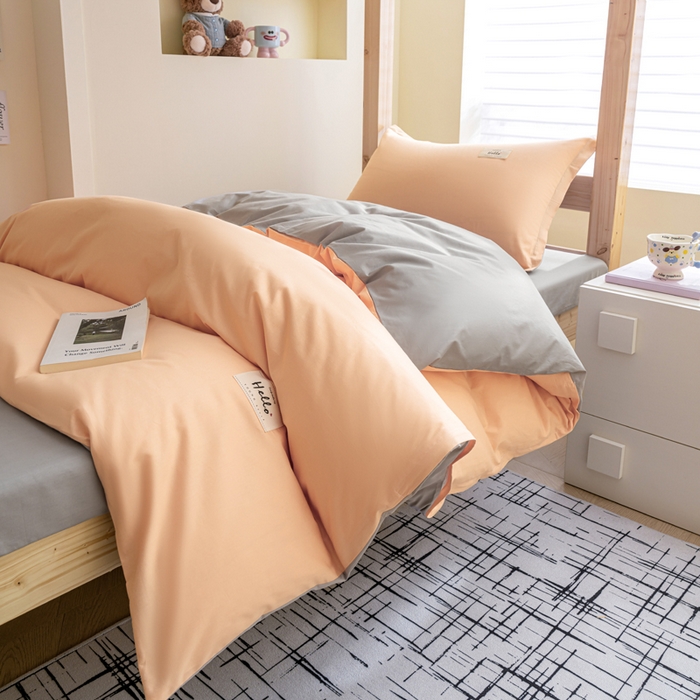 91家纺网 家纺一手货源 找家纺 鑫宇家纺 2025新款13372全棉纯色双拼学生宿舍三件套六件套 奶玉+浅灰