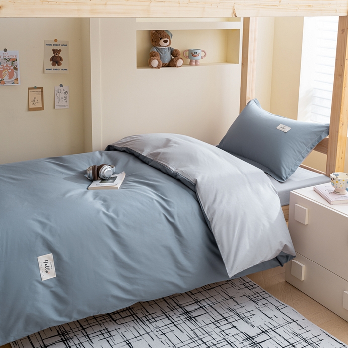 91家纺网 家纺一手货源 找家纺 鑫宇家纺 2025新款13372全棉纯色双拼学生宿舍三件套六件套 雾霾灰+浅灰