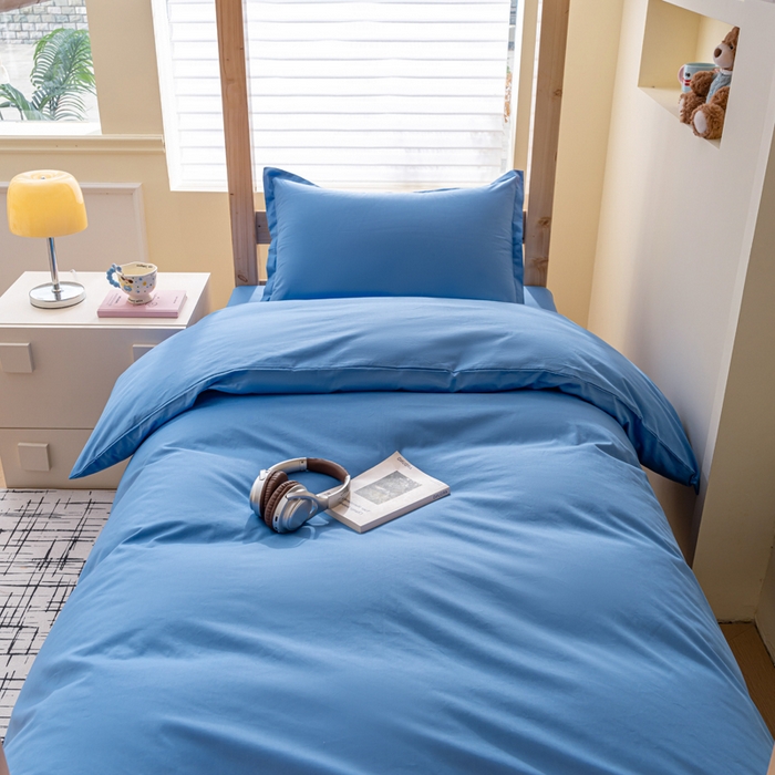 91家纺网 家纺一手货源 找家纺 鑫宇家纺 2025新款13372全棉纯色双拼学生宿舍三件套六件套 中天蓝
