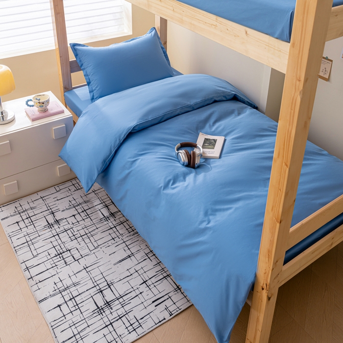 91家纺网 家纺一手货源 找家纺 鑫宇家纺 2025新款13372全棉纯色双拼学生宿舍三件套六件套 中天蓝