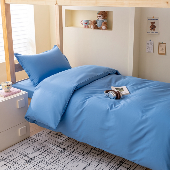 91家纺网 家纺一手货源 找家纺 鑫宇家纺 2025新款13372全棉纯色双拼学生宿舍三件套六件套 中天蓝