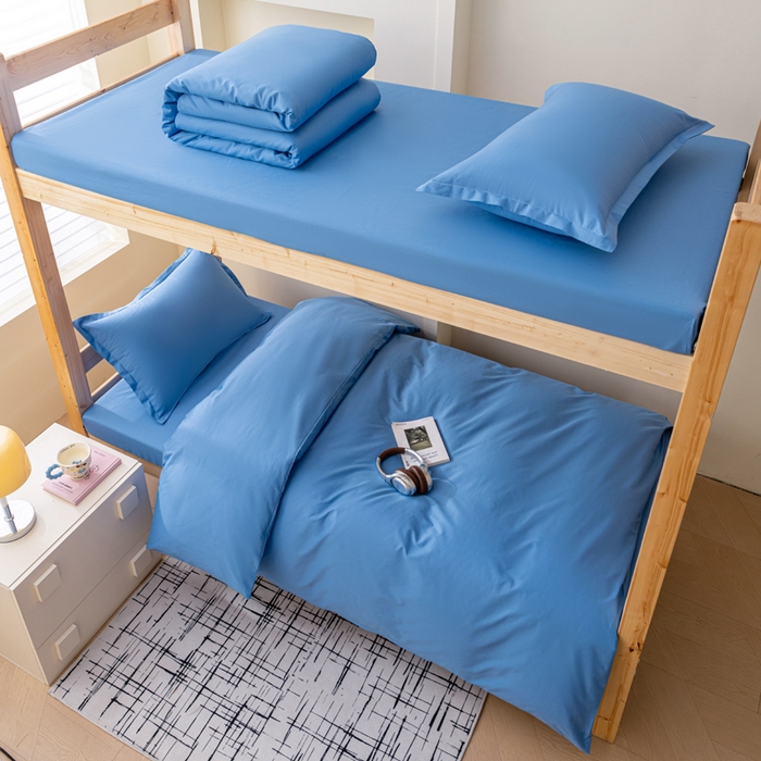 91家纺网 家纺一手货源 找家纺 鑫宇家纺 2025新款13372全棉纯色双拼学生宿舍三件套六件套 中天蓝