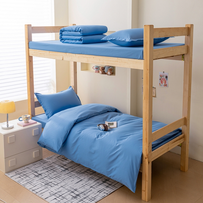 鑫宇家纺 2025新款13372全棉纯色双拼学生宿舍三件套六件套 中天蓝