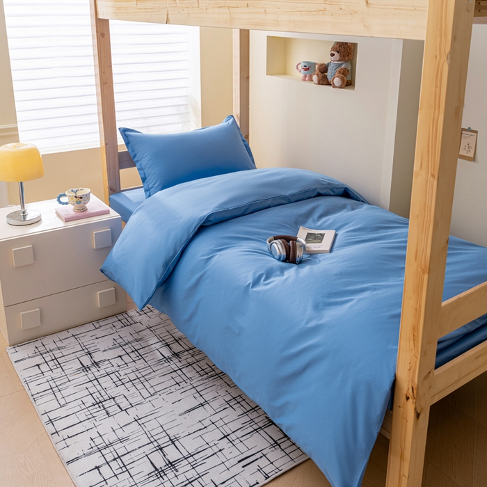 91家纺网 家纺一手货源 找家纺 鑫宇家纺 2025新款13372全棉纯色双拼学生宿舍三件套六件套 中天蓝