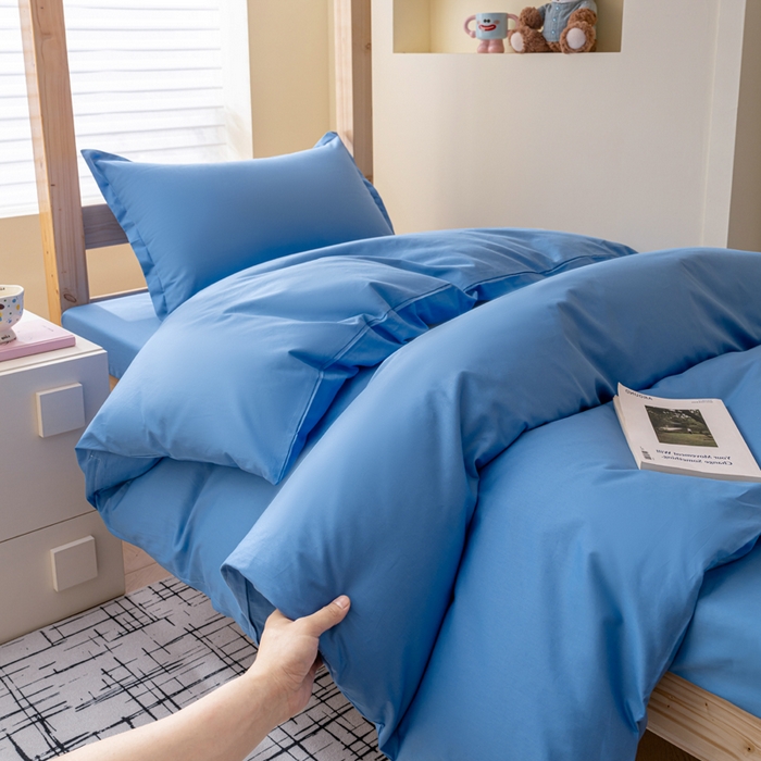 91家纺网 家纺一手货源 找家纺 鑫宇家纺 2025新款13372全棉纯色双拼学生宿舍三件套六件套 中天蓝