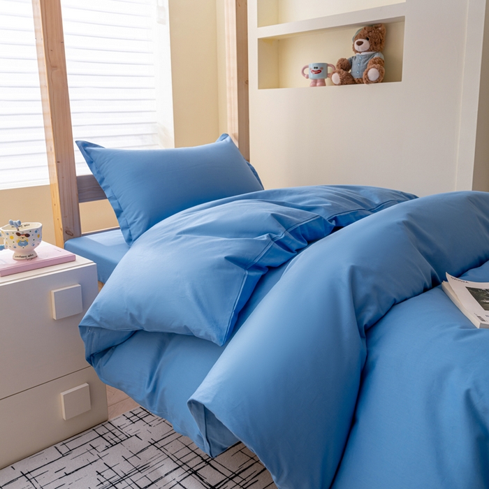 91家纺网 家纺一手货源 找家纺 鑫宇家纺 2025新款13372全棉纯色双拼学生宿舍三件套六件套 中天蓝