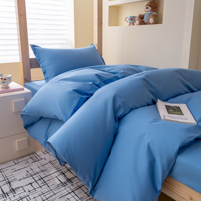 91家纺网 家纺一手货源 找家纺 鑫宇家纺 2025新款13372全棉纯色双拼学生宿舍三件套六件套 中天蓝