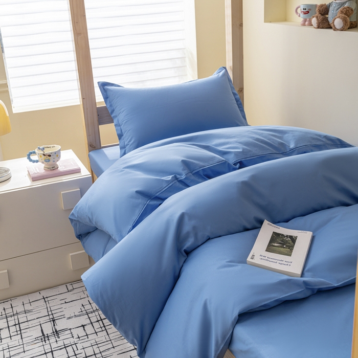 91家纺网 家纺一手货源 找家纺 鑫宇家纺 2025新款13372全棉纯色双拼学生宿舍三件套六件套 中天蓝