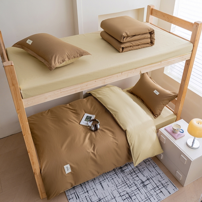 91家纺网 家纺一手货源 找家纺 鑫宇2025新款13372全棉学生宿舍上下铺三件套床单款床笠款可定制 摩卡棕+卡其