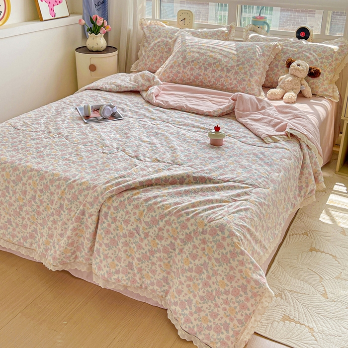 91家纺网 家纺一手货源 找家纺 （总）2025新款云感皱皱纱全棉花边款夏被四件套