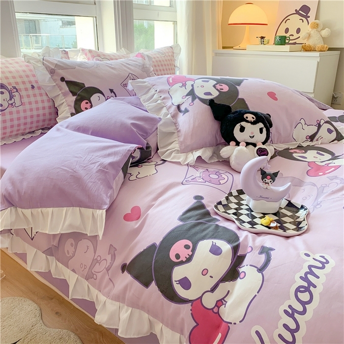 91家纺网 家纺一手货源 找家纺 （总）玉元坊 2025年5月新品 三丽鸥花边被套全棉床单纯棉床裙床笠三四件套-库洛米系列