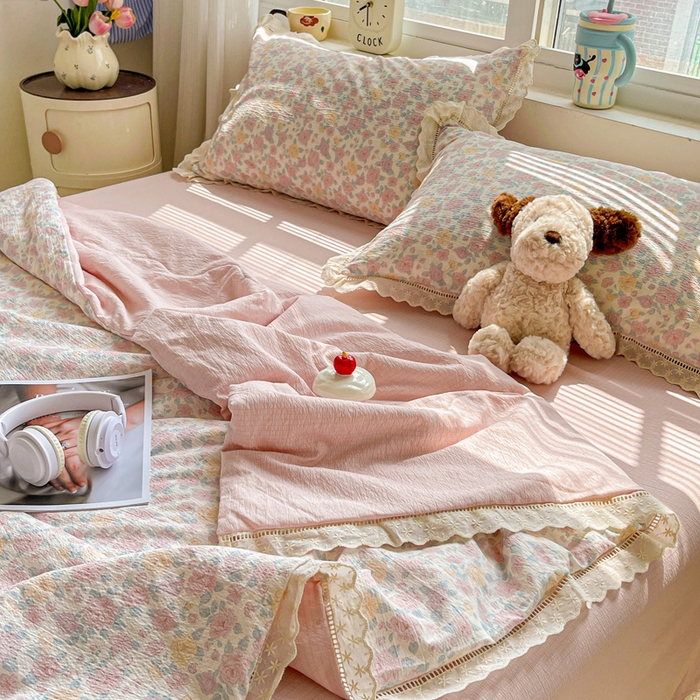 91家纺网 家纺一手货源 找家纺 （总）2025新款云感皱皱纱全棉花边款夏被四件套