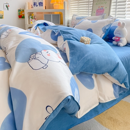 简冠家纺 2025新款植物羊绒磨毛四件套 奶油兔-蓝