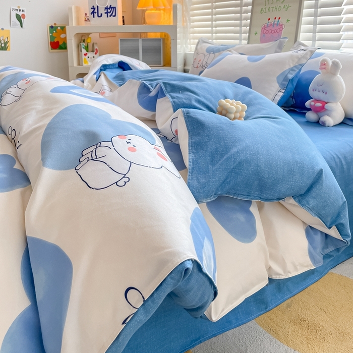 91家纺网 家纺一手货源 找家纺 简冠家纺 2025新款植物羊绒磨毛四件套 奶油兔-蓝