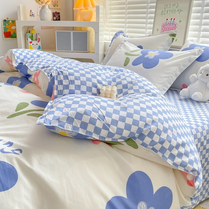 91家纺网 家纺一手货源 找家纺 简冠家纺 2025新款植物羊绒磨毛四件套 温婉花语-蓝