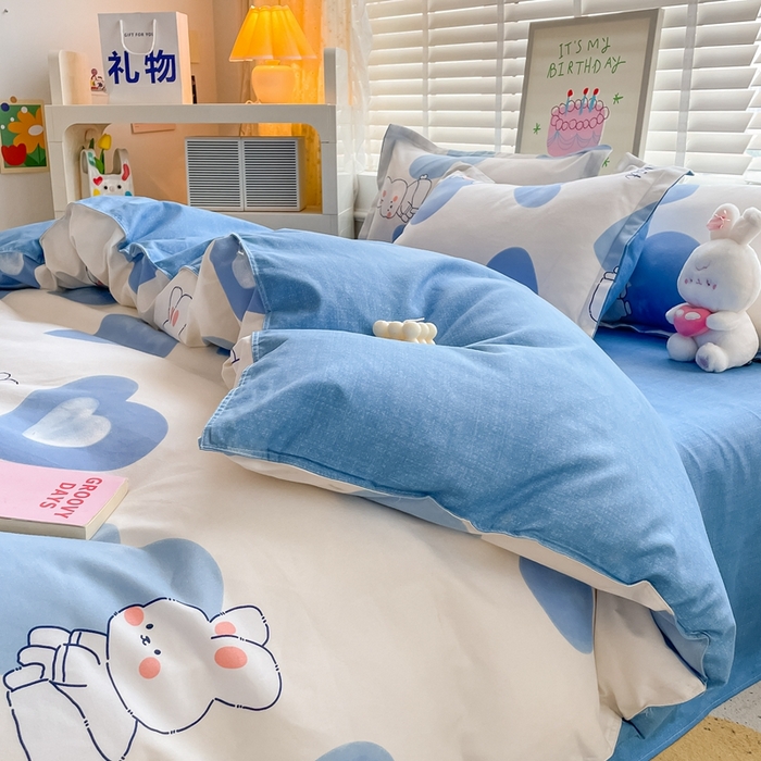 91家纺网 家纺一手货源 找家纺 简冠家纺 2025新款植物羊绒磨毛四件套 奶油兔-蓝