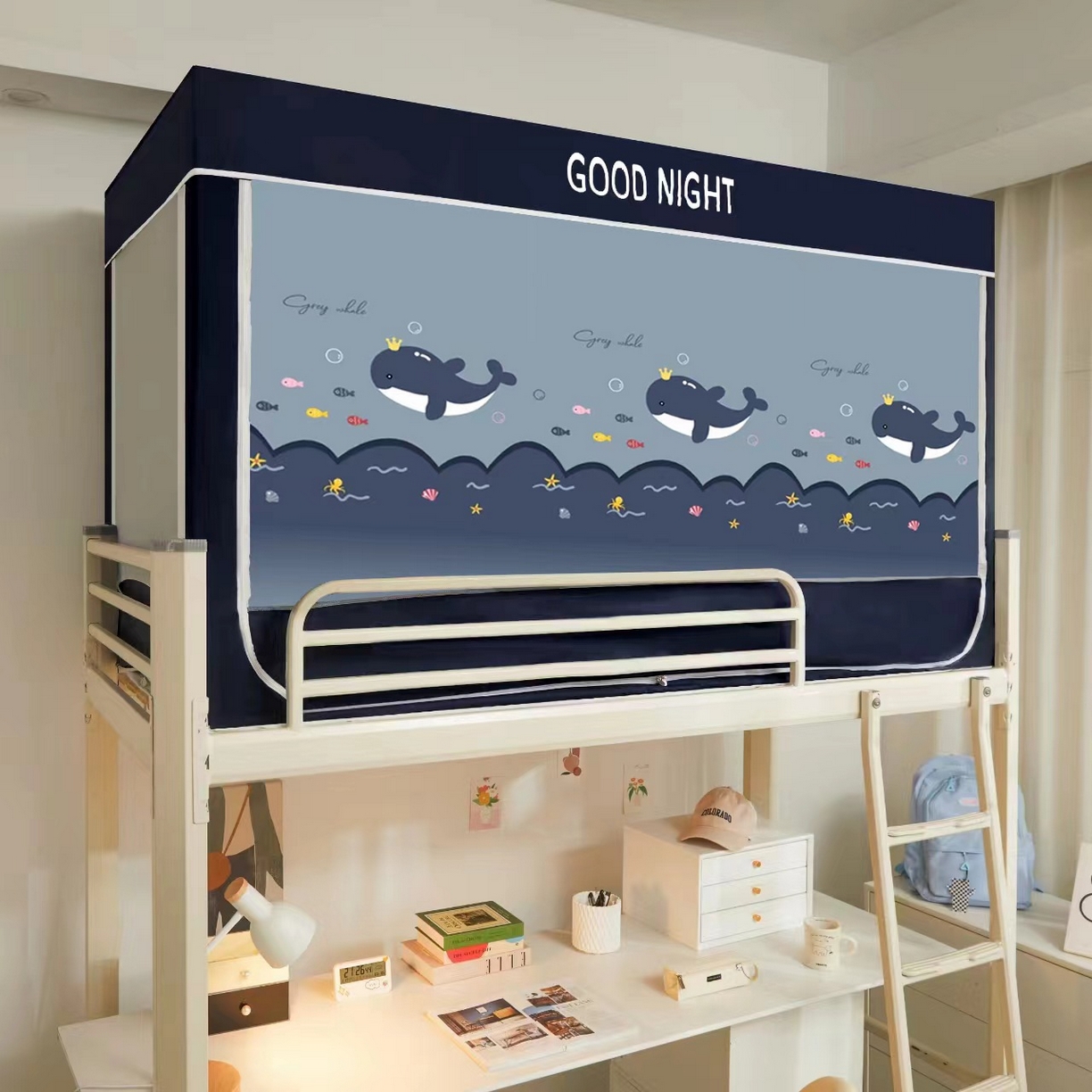 91家纺网 家纺一手货源 找家纺 锦逸家居 2025新款防遮光防蚊学生床帘式蚊帐 鲸鱼灰色