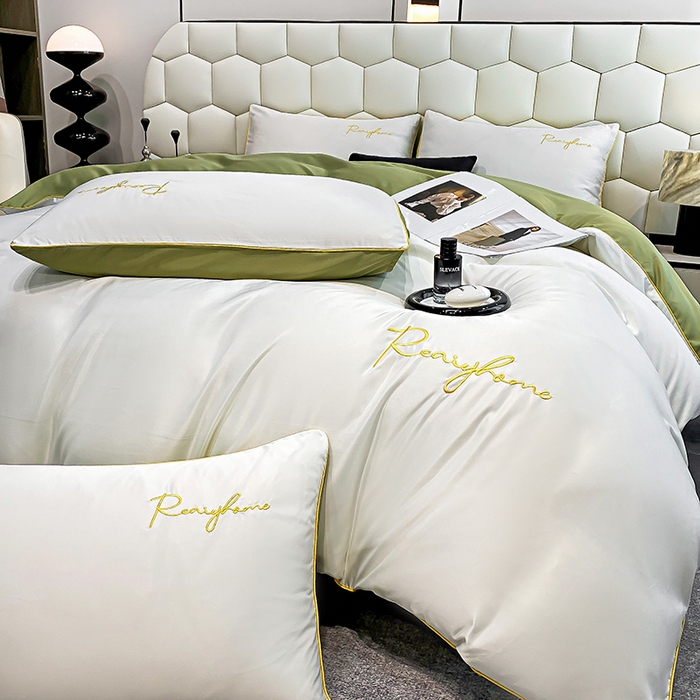 91家纺网 家纺一手货源 找家纺 （总）富宁2025新款水洗真丝时光字母冰丝刺绣四件套