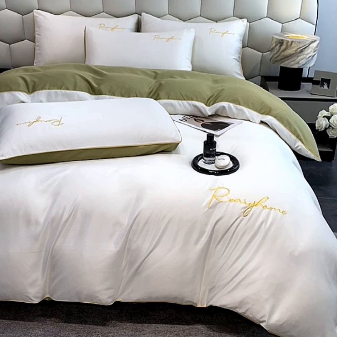 91家纺网 家纺一手货源 找家纺 （总）富宁2025新款水洗真丝时光字母冰丝刺绣四件套