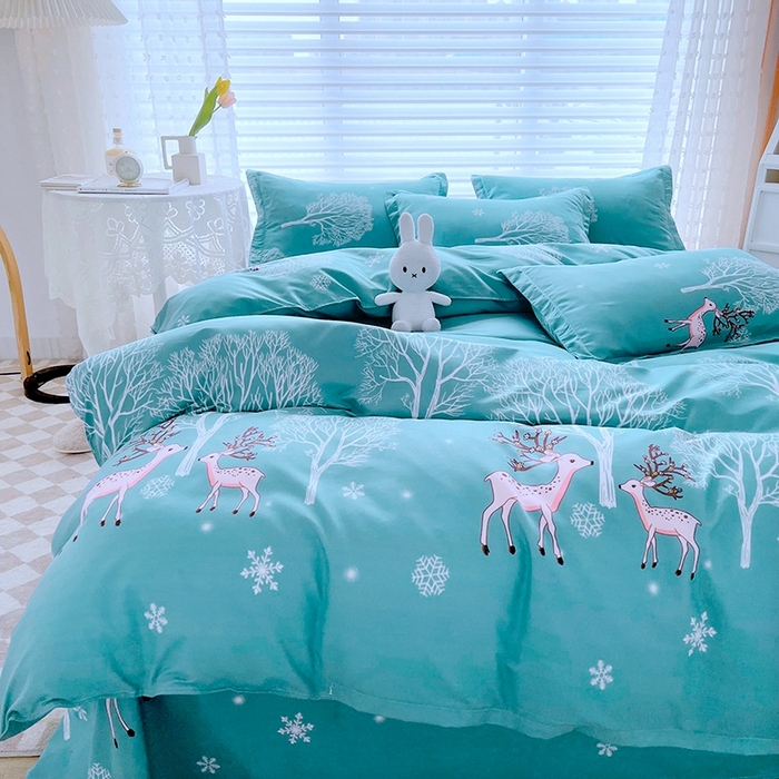 91家纺网 家纺一手货源 找家纺 简冠家纺 2023直播爆款北欧风亲肤植物羊绒磨毛四件套 鹿林