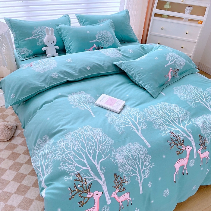 91家纺网 家纺一手货源 找家纺 简冠家纺 2023直播爆款北欧风亲肤植物羊绒磨毛四件套 鹿林