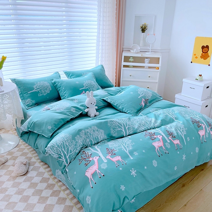 91家纺网 家纺一手货源 找家纺 简冠家纺 2023直播爆款北欧风亲肤植物羊绒磨毛四件套 鹿林