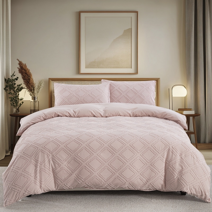 91家纺网 家纺一手货源 找家纺 子不语家纺2025新款跨境外贸 剪花簇绒纯色三件套亚马逊Temu速卖 通Shein沃尔玛专供 菱形浅粉