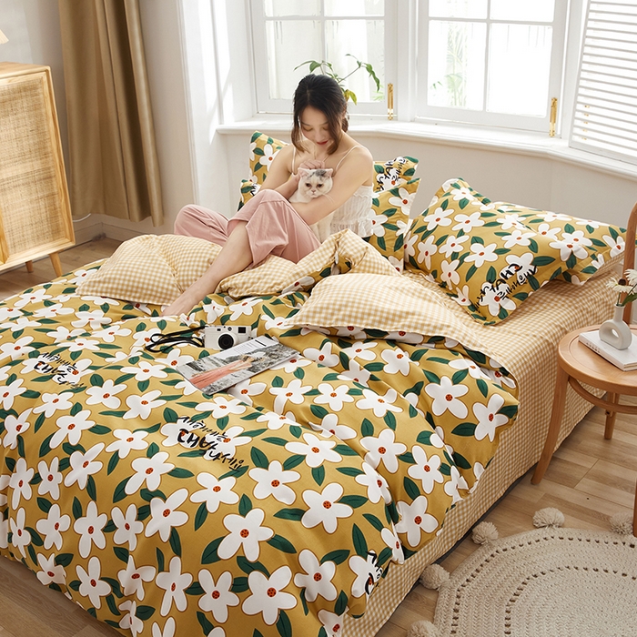 91家纺网 家纺一手货源 找家纺 简冠家纺 2023直播爆款北欧风亲肤植物羊绒磨毛四件套 恋夏-黄