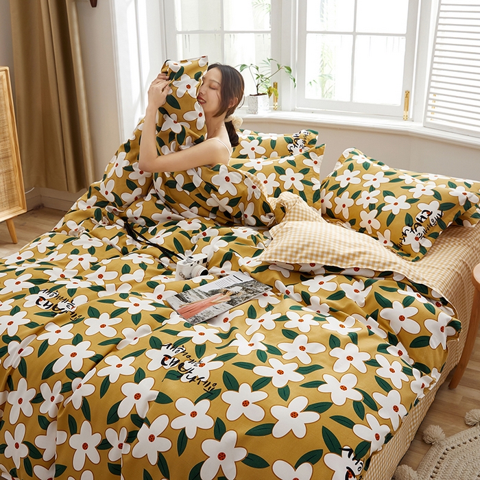 91家纺网 家纺一手货源 找家纺 简冠家纺 2023直播爆款北欧风亲肤植物羊绒磨毛四件套 恋夏-黄