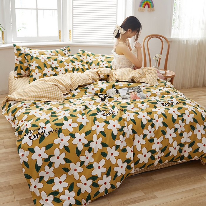 91家纺网 家纺一手货源 找家纺 简冠家纺 2023直播爆款北欧风亲肤植物羊绒磨毛四件套 恋夏-黄