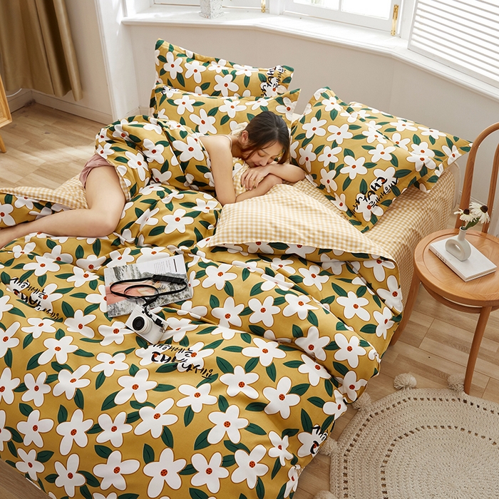 91家纺网 家纺一手货源 找家纺 简冠家纺 2023直播爆款北欧风亲肤植物羊绒磨毛四件套 恋夏-黄