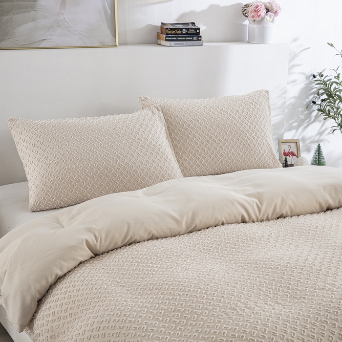 91家纺网 家纺一手货源 找家纺 子不语家纺2025新款跨境外贸 剪花簇绒纯色三件套亚马逊Temu速卖 通Shein沃尔玛专供 豹纹卡其色