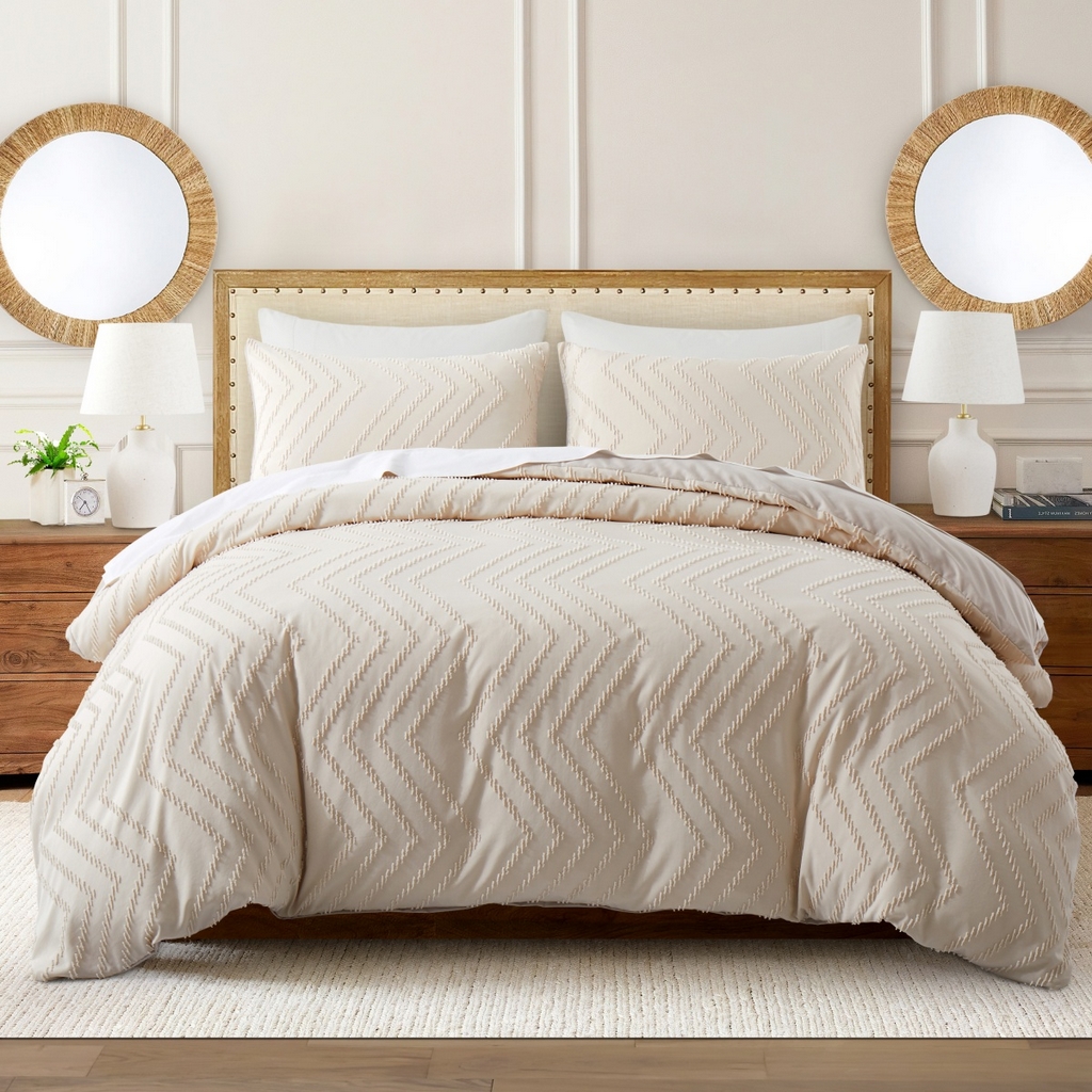 子不语家纺2025新款跨境外贸 剪花簇绒纯色三件套亚马逊Temu速卖 通Shein沃尔玛专供 波浪卡其色