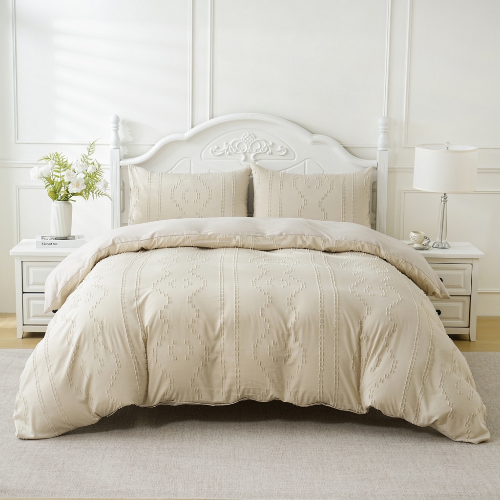 子不语家纺2025新款跨境外贸 剪花簇绒纯色三件套亚马逊Temu速卖 通Shein沃尔玛专供 波浪竖条米白